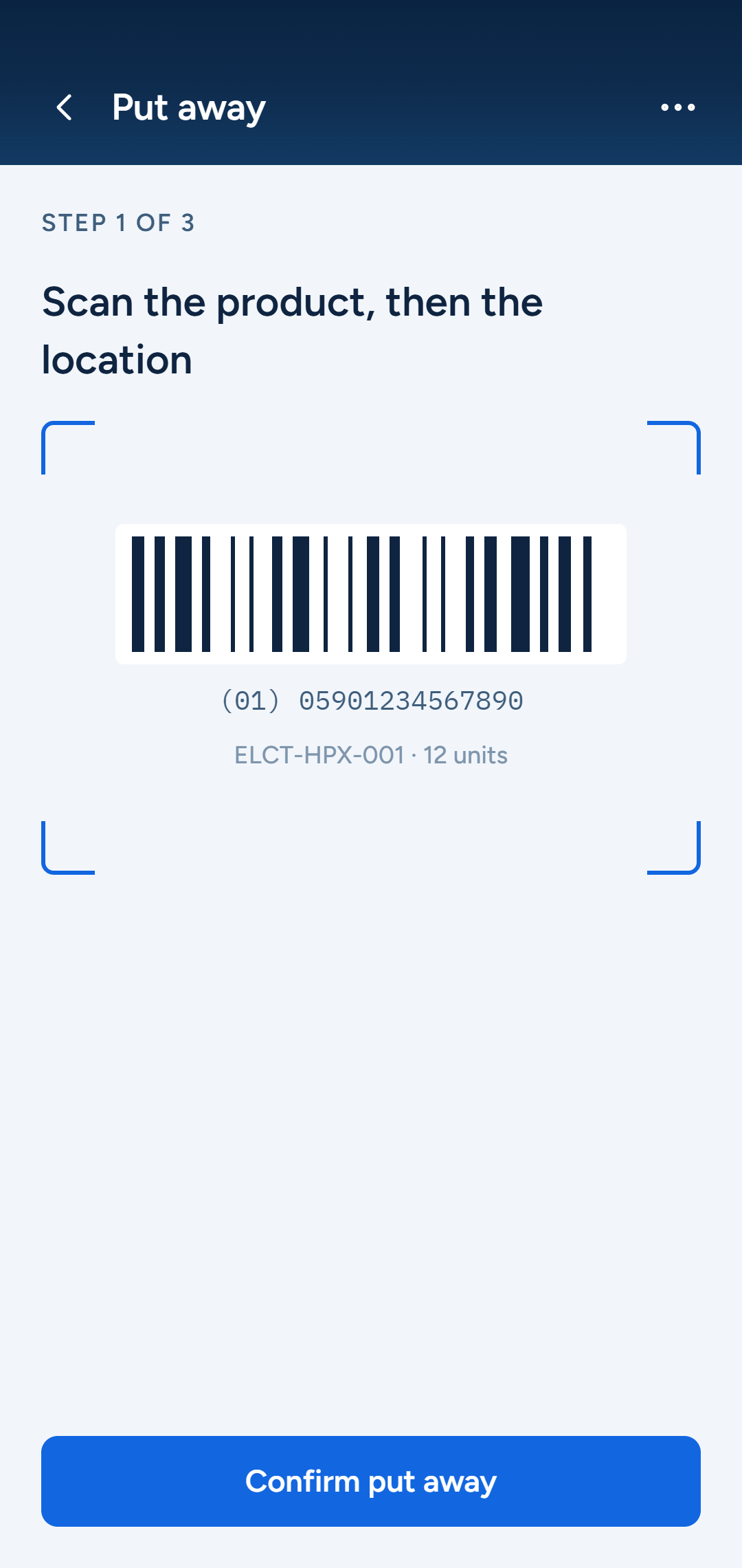 Flow WMS handheld scanner screen guiding an operator through a put-away